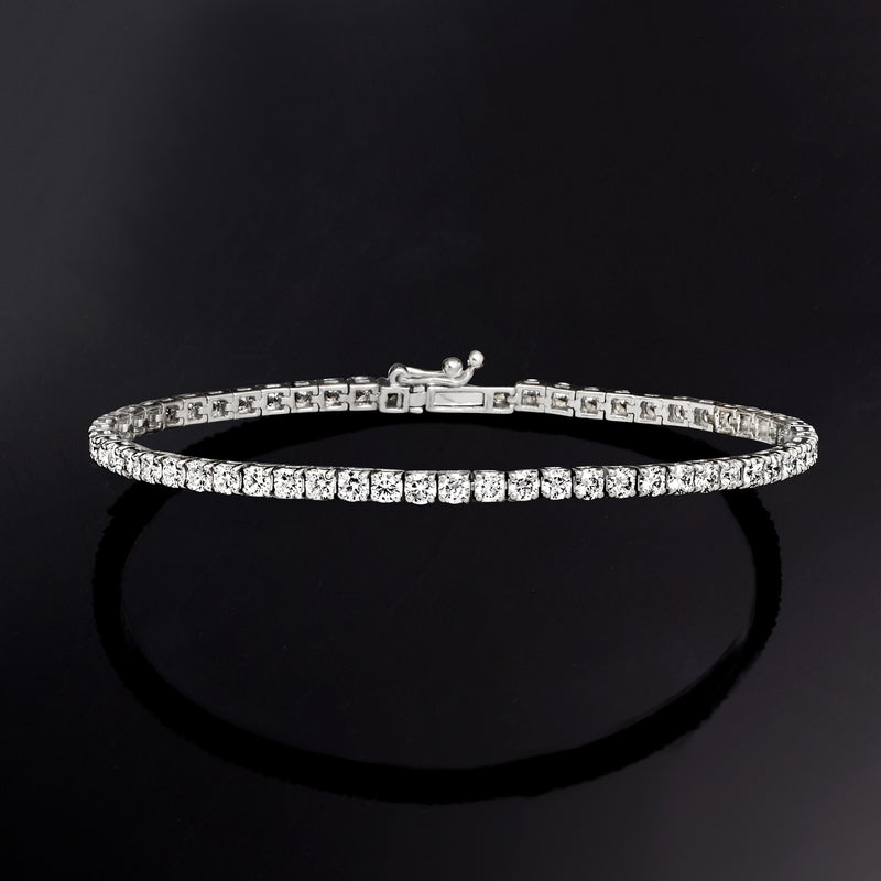 Platinum diamond tennis bracelet with box clasp on top, rows of lab-grown stones