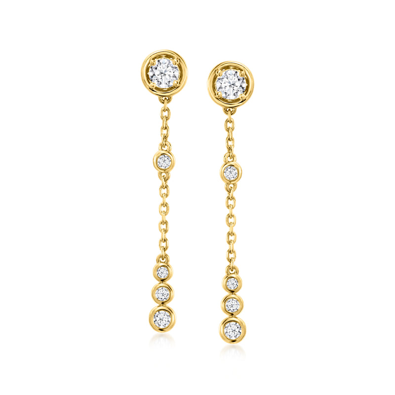 Gold drop earrings with bezel-set round diamonds and a linked linear chain drop