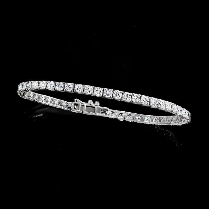 Platinum tennis bracelet with lab-grown diamonds, angled side view