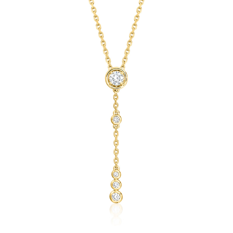 Gold Y-necklace with round bezel-set diamonds, five-stone drop
