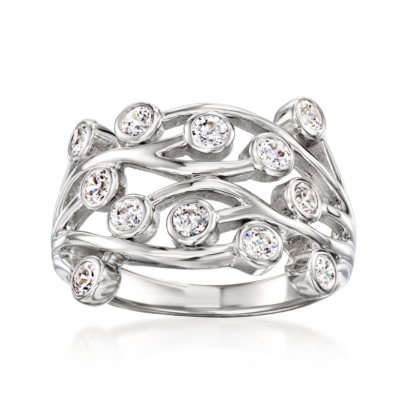 Sterling silver multi-row vine CZ ring with round stones, openwork band