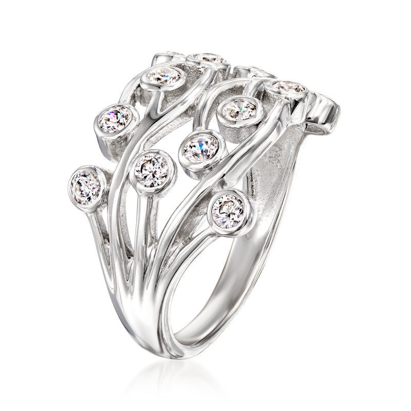 Sterling silver multi-row vine CZ ring with round stones, angled view