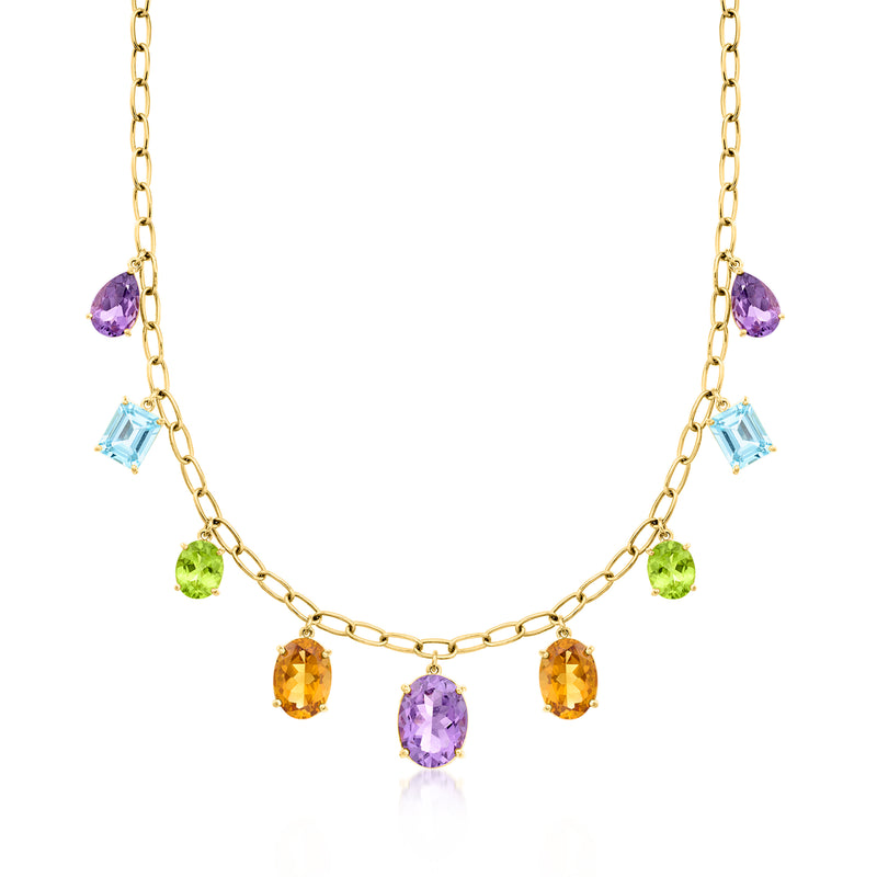 Gold over sterling multi-gemstone drop necklace with purple, blue, green, orange stones