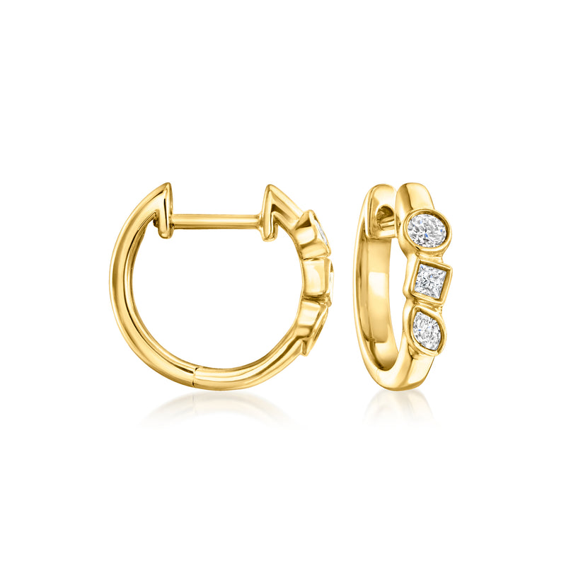 Gold hoop earrings with round diamond accents, hinged posts and latch backs.
