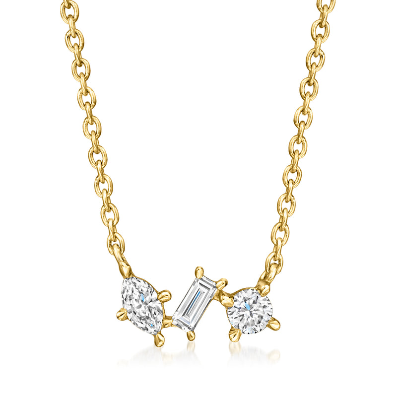 Gold diamond necklace with multi-shaped three-stone pendant and link chain