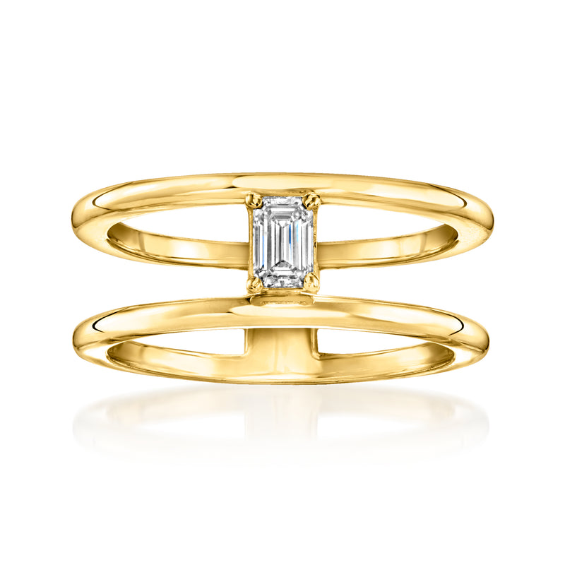 Gold open-space ring with emerald-cut lab diamond center, in 18kt gold over sterling