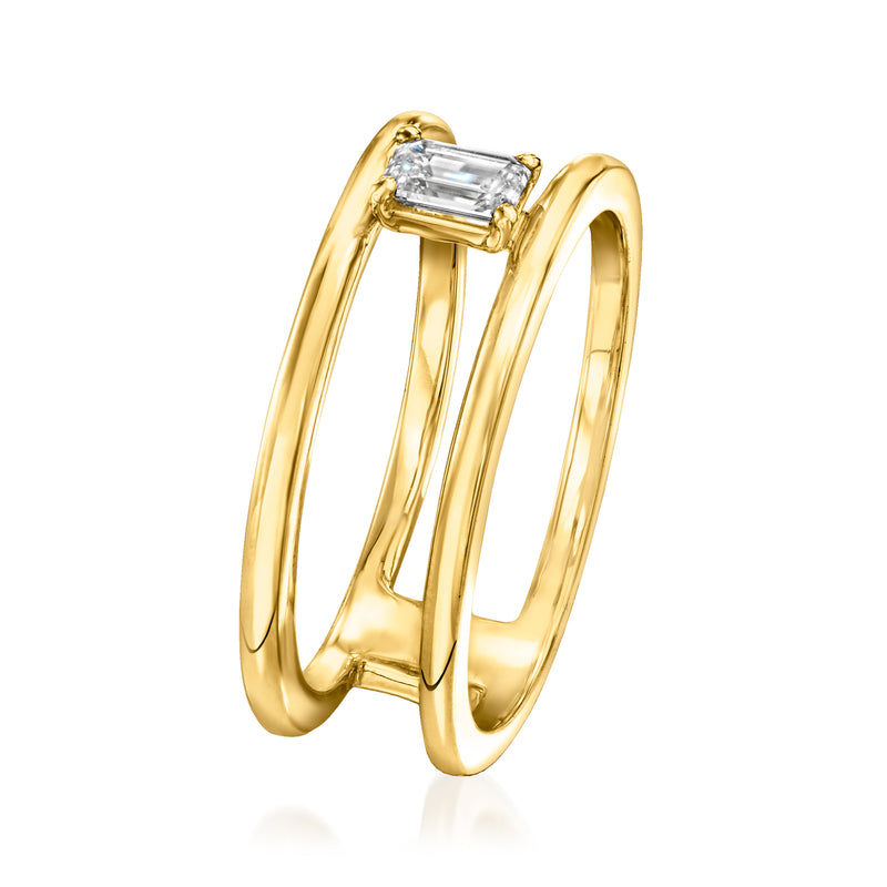 Gold open-space ring side view with emerald-cut lab diamond set in prongs