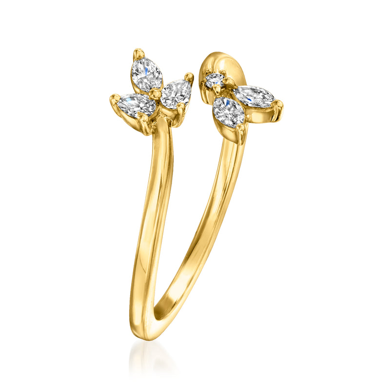 Gold marquise-diamond bypass ring with two raised clusters, open cuff style