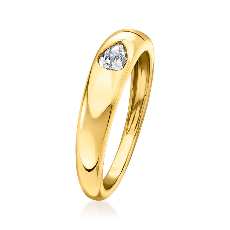 Pear-shaped diamond ring in 18kt gold over sterling, side profile with prong-set pear stone