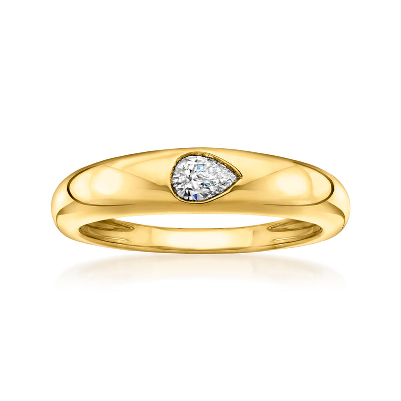 Pear-shaped diamond ring in 18kt gold over sterling, pear center stone in prong setting