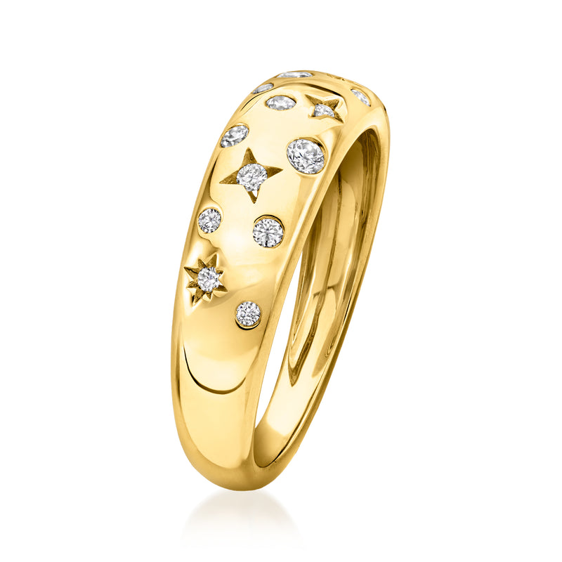 Gold over sterling diamond ring, side view with star and round scattered stones