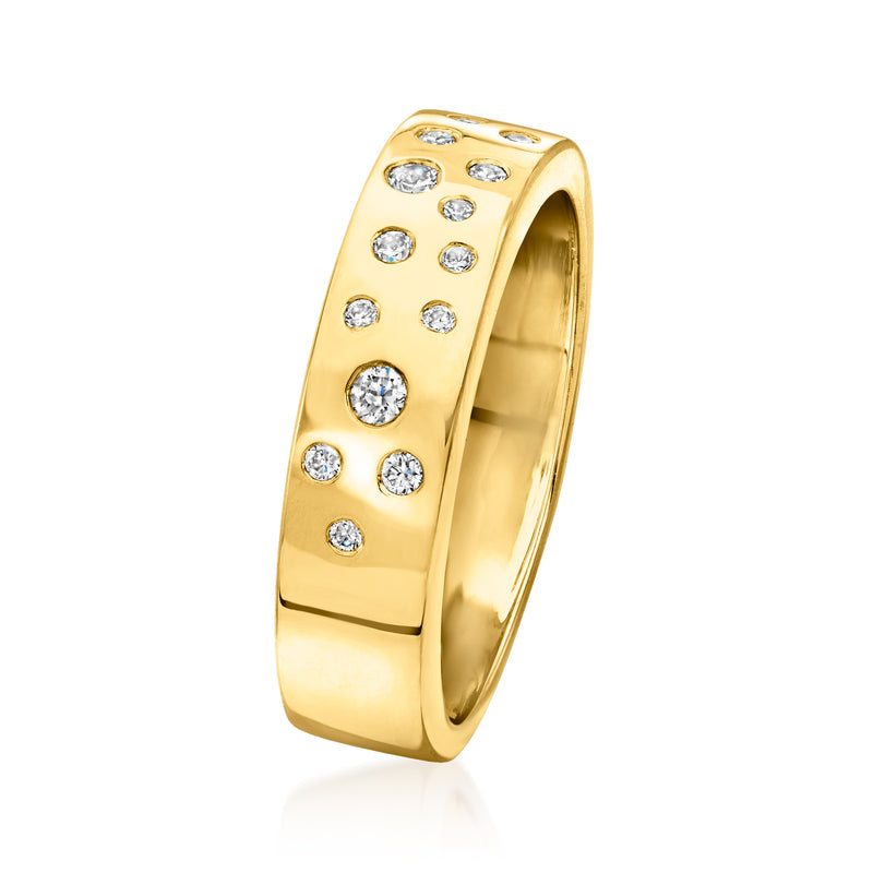 Gold over sterling band ring with round diamonds, curved side view