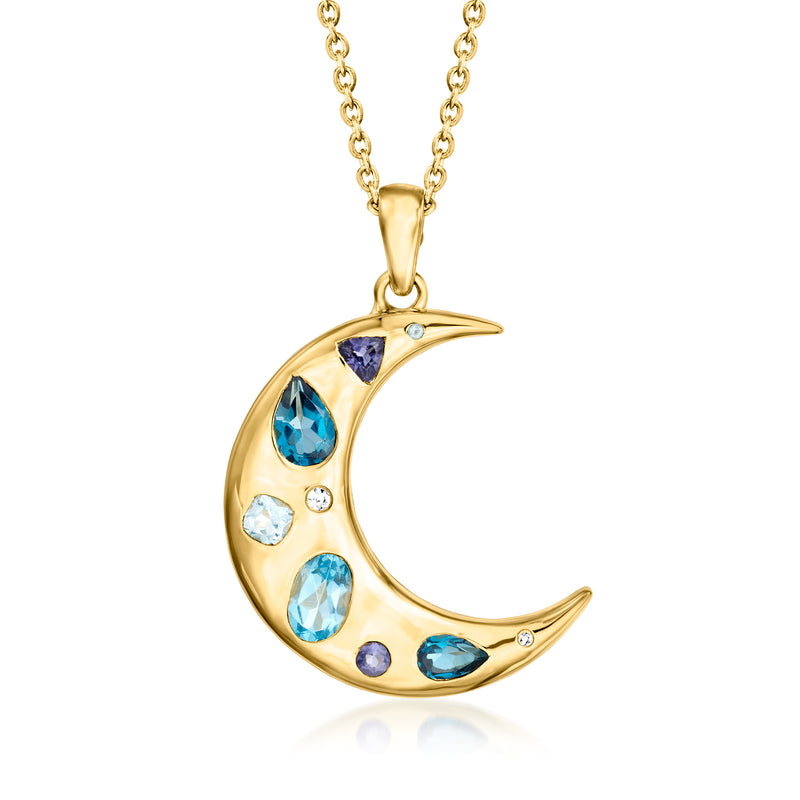 Gold crescent moon pendant necklace with blue gemstones and small round accents