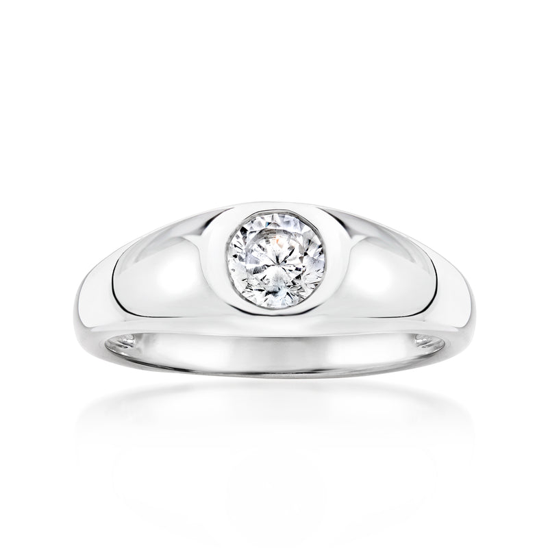 Sterling silver CZ solitaire ring with round clear center stone, polished band