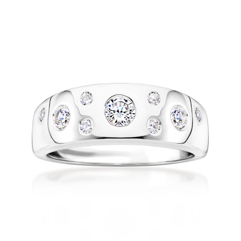 Sterling silver CZ ring with round center stone and six side stones