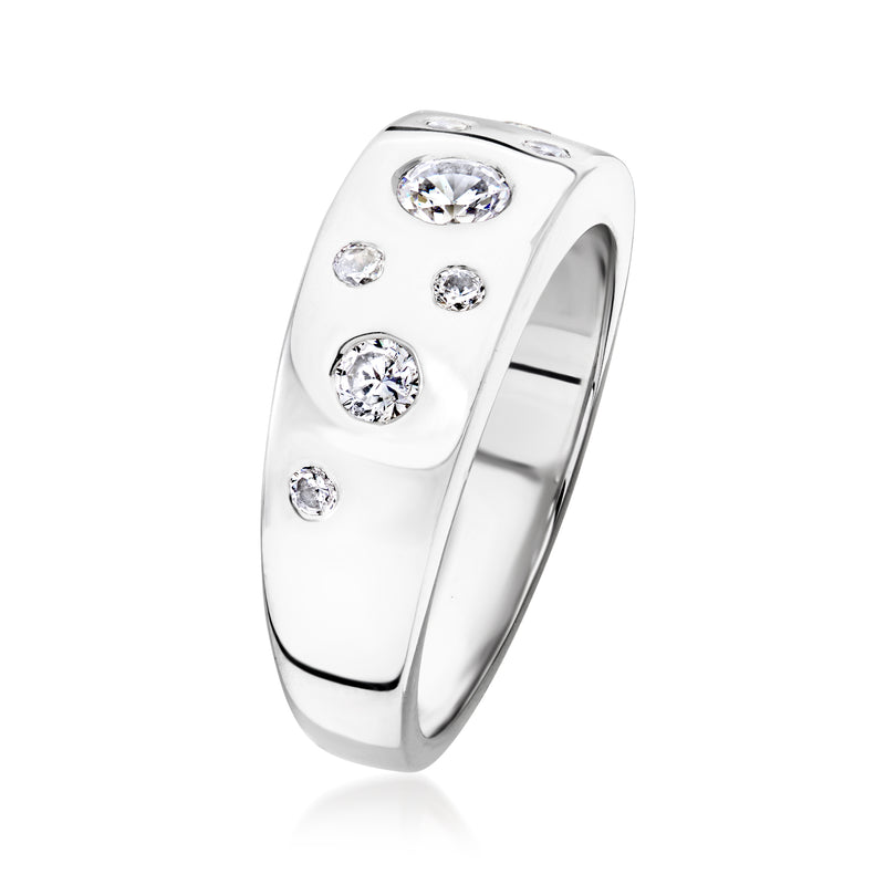 Sterling silver CZ ring with three bezel-set round stones on curved top