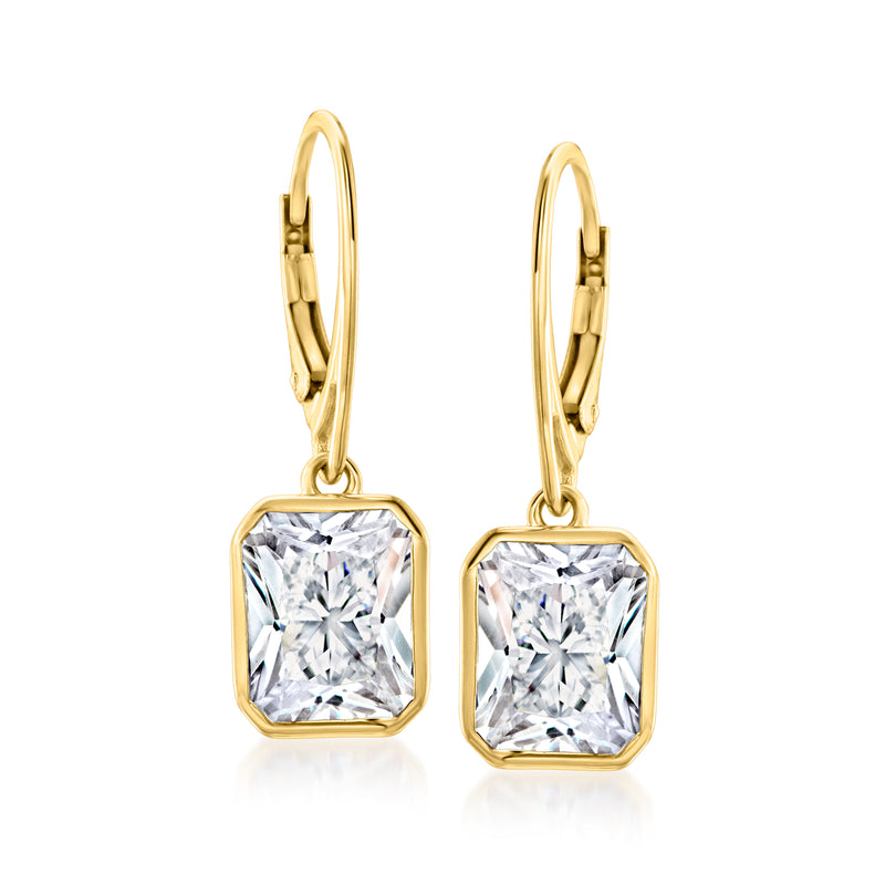 Gold over sterling drop earrings with radiant-cut clear CZ and leverback closures