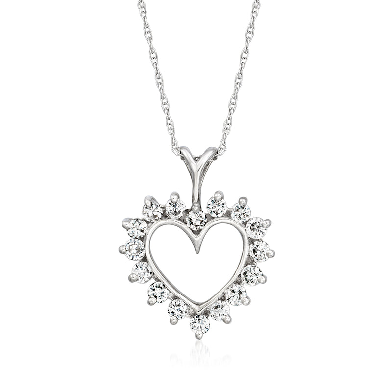 14kt white gold heart diamond pendant necklace with clustered stones and prong setting