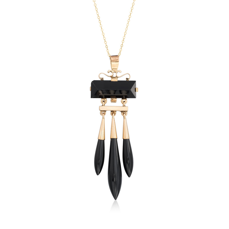 10kt yellow gold onyx drop pendant necklace with black rectangular top and three teardrop drops