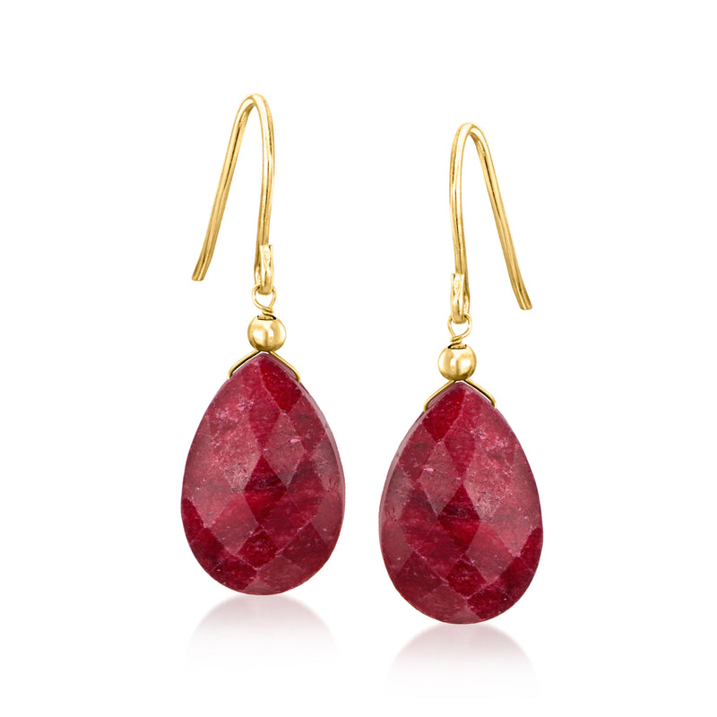 10kt yellow gold earwire drop earrings with dark red pear-shaped ruby stones