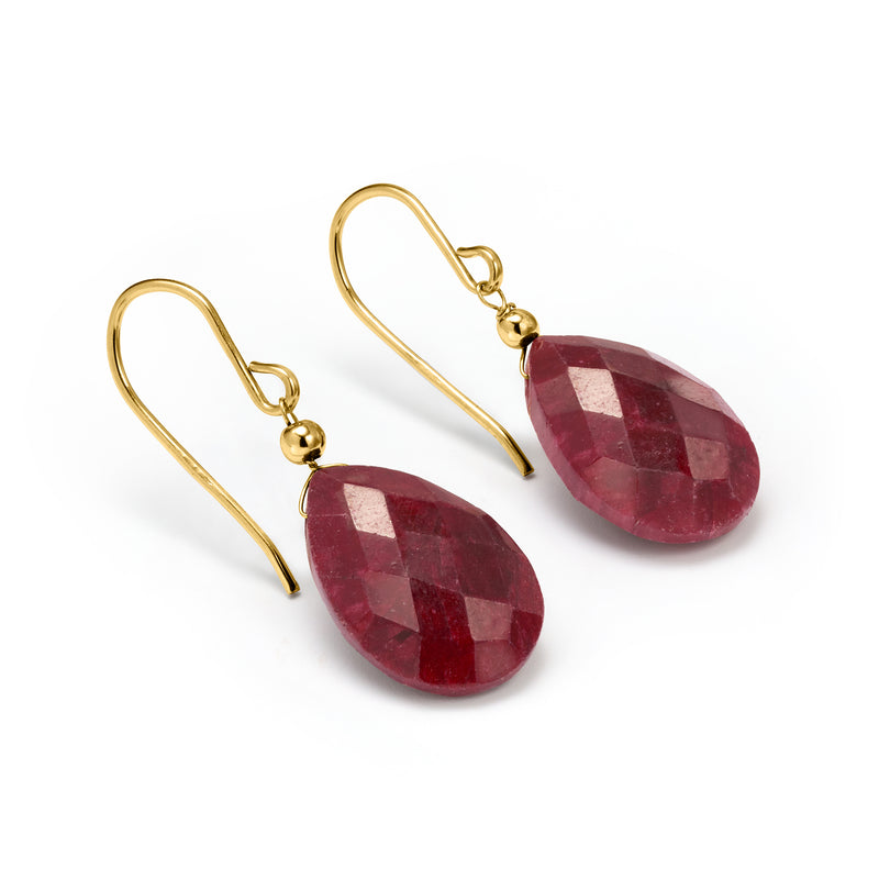 Yellow gold earwire drop earrings with faceted dark red pear-cut ruby drops