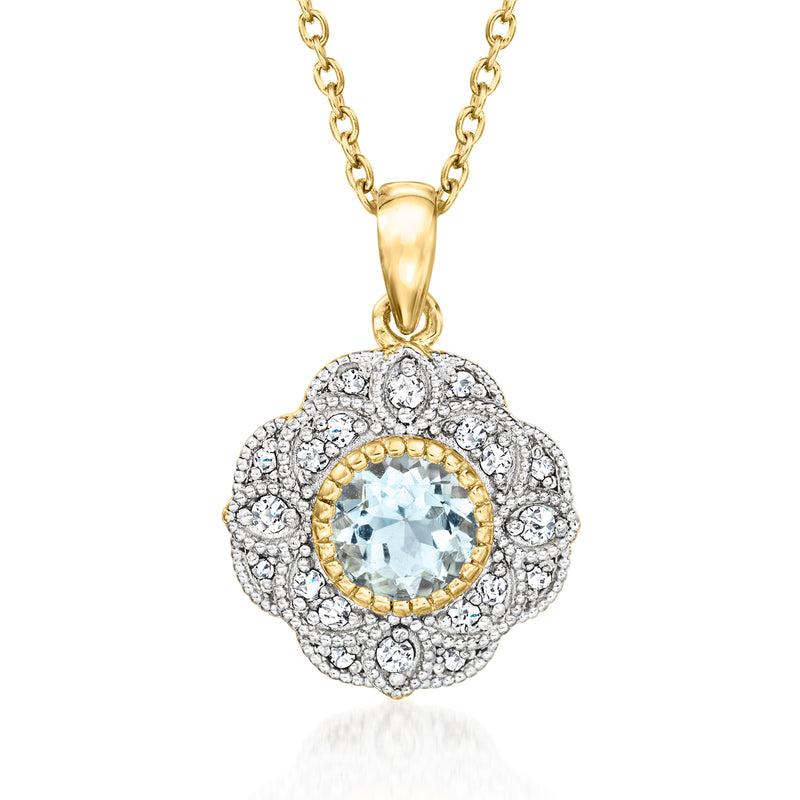 Aquamarine and white topaz pendant necklace with round halo, 18kt gold over sterling chain