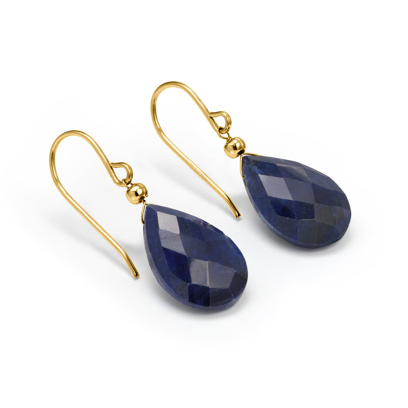 10kt yellow gold sapphire teardrop drop earrings, blue faceted stones, earwire