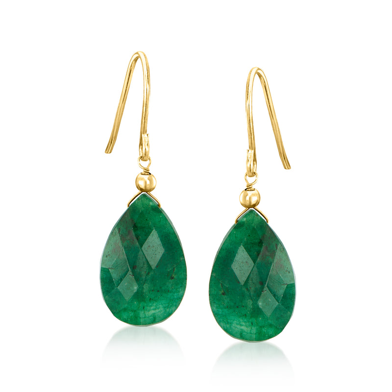 10kt yellow gold earwire drop earrings with green teardrop gemstone