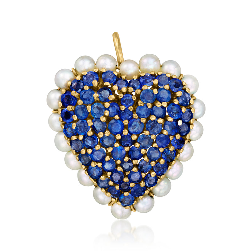 Gold heart pin/pendant with blue sapphire-like stones and white cultured pearls