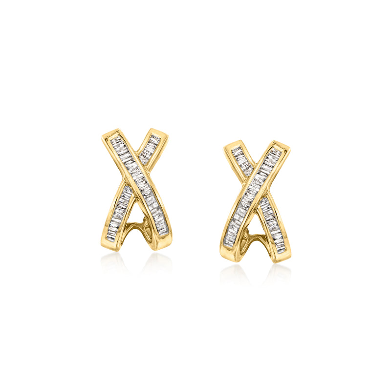 14kt yellow gold X diamond stud earrings with baguette-cut stones