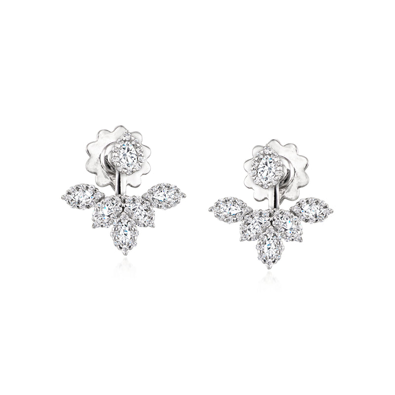 18kt white gold diamond cluster stud earrings, round center with floral cross accents