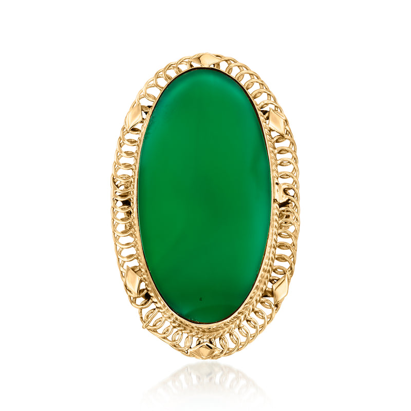 Vintage oval green chalcedony ring in 14kt yellow gold with ornate rope bezel