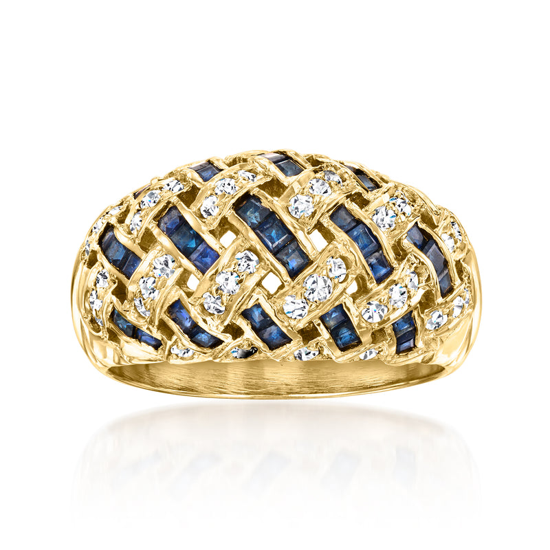 Vintage yellow gold basketweave dome ring with blue sapphires and round white diamonds