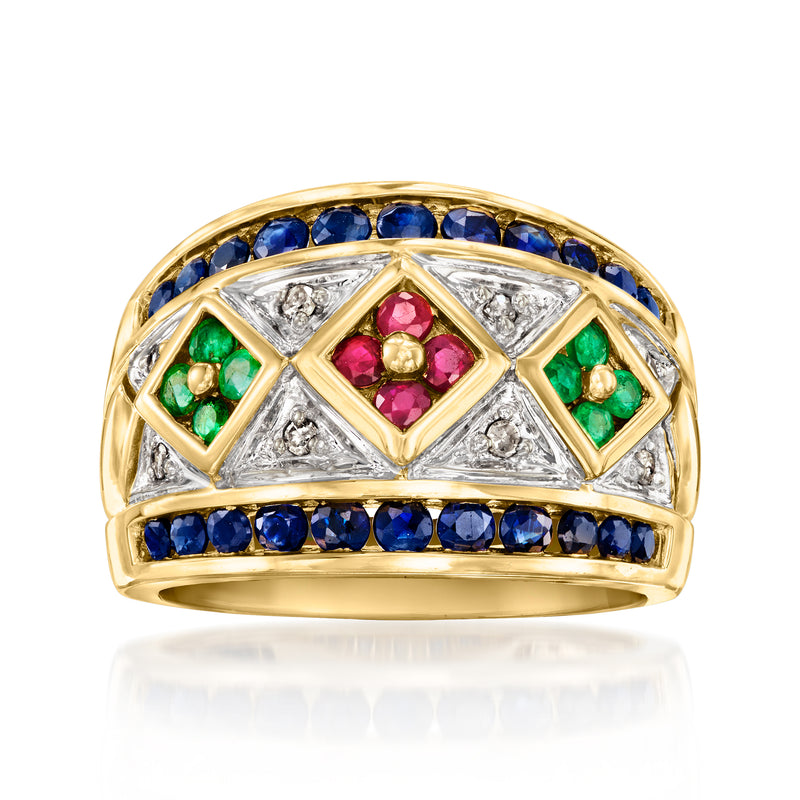 14kt yellow gold multi-gemstone ring with blue, green, pink stones and diamond accents