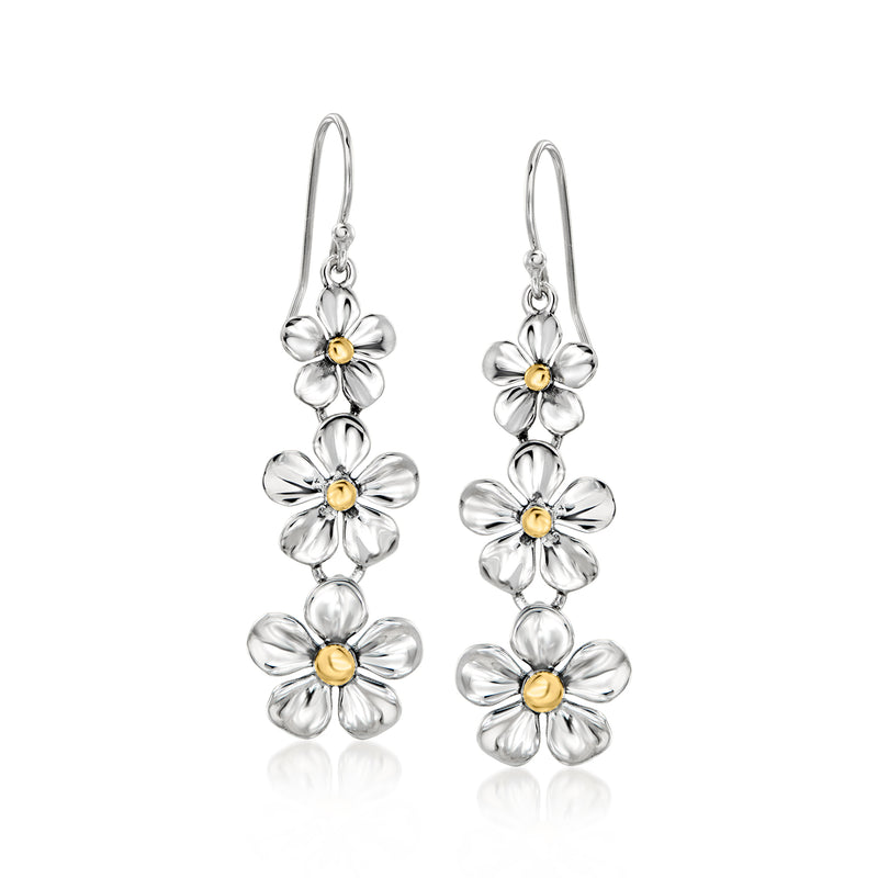 Sterling silver flower drop earrings with graduated yellow-gold centers on earwire