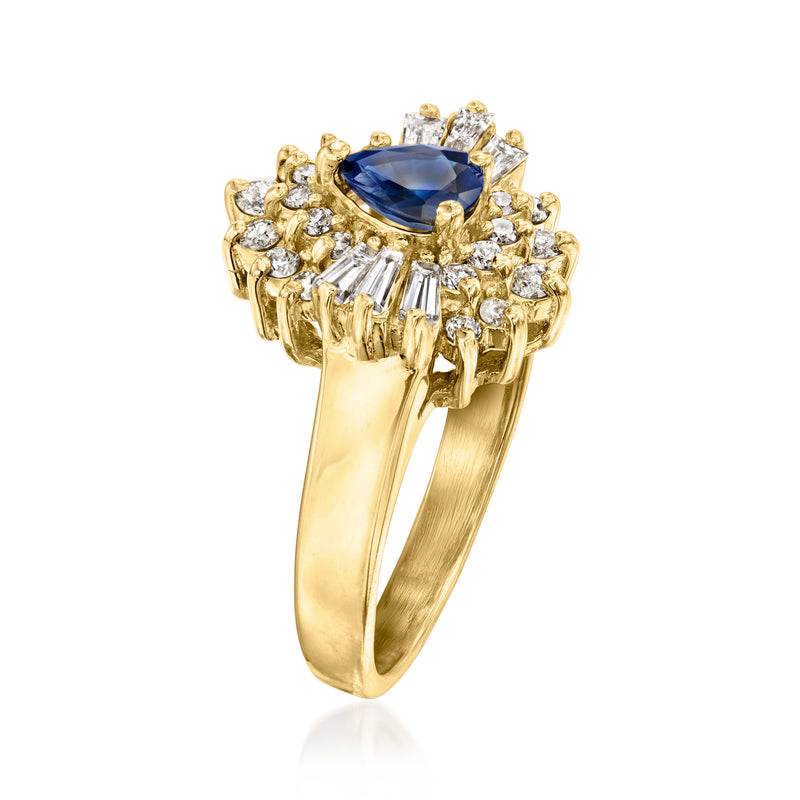 Vintage 14kt yellow gold ring with pear sapphire and diamond halo