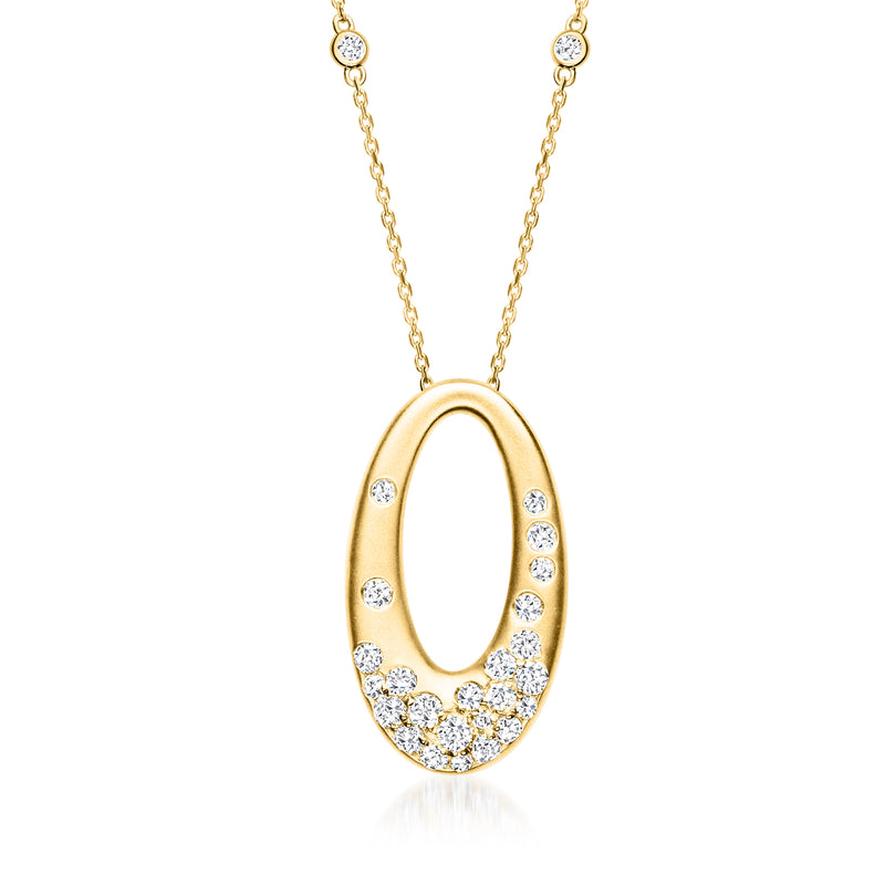 14kt yellow gold oval pendant necklace with scattered round diamonds, front view