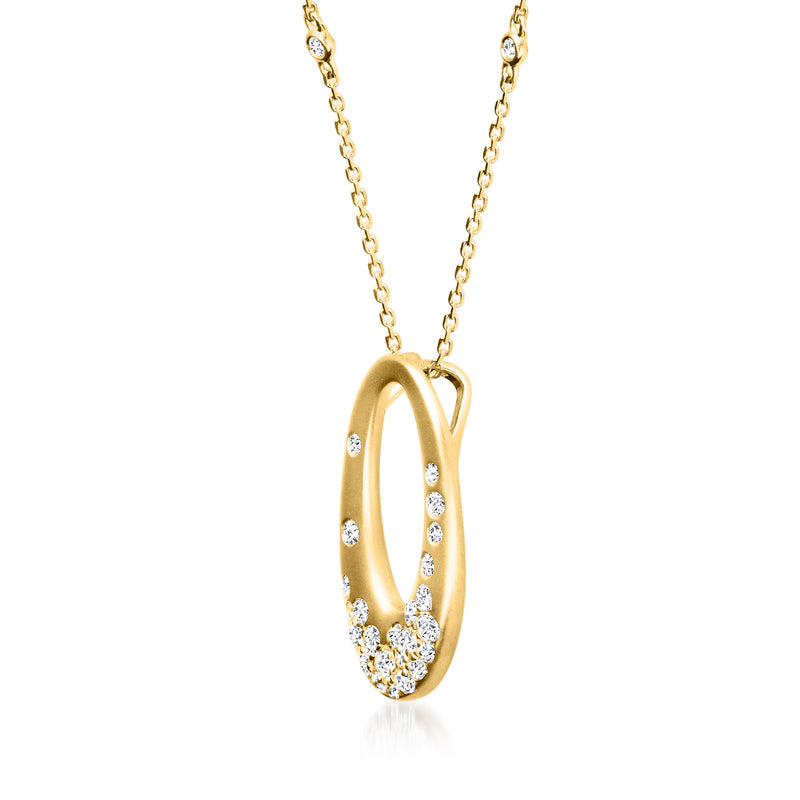 14kt yellow gold oval pendant necklace with scattered round diamonds, side profile