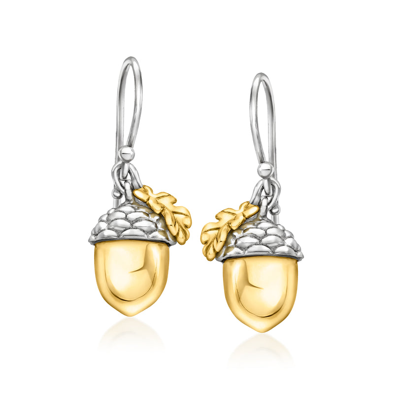 Acorn drop earrings: gold caps, textured silver acorn bodies, hoop-style earwires