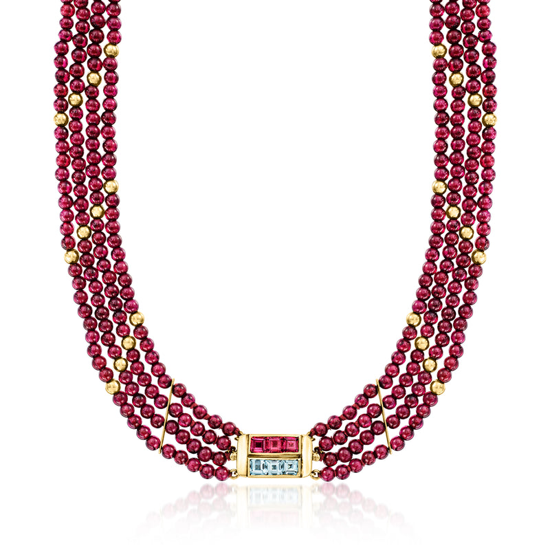 Multi-strand red bead necklace with gold rectangular clasp
