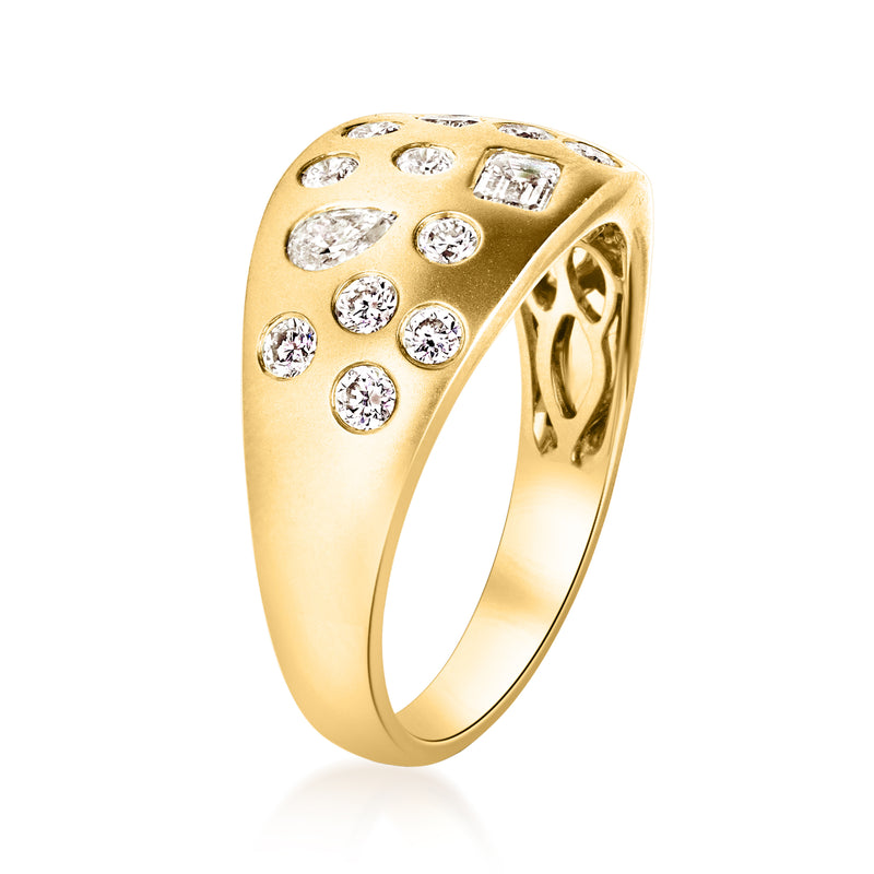 14kt yellow gold diamond ring, side view with mixed-cut stones and open gallery