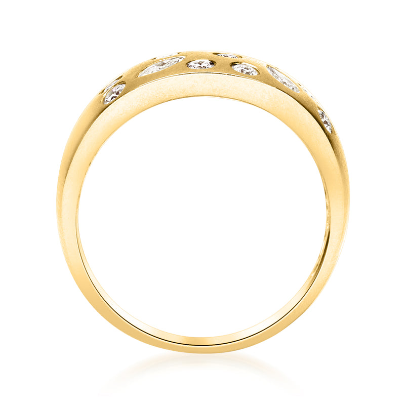 14kt yellow gold diamond ring, profile view with small scattered stones on top edge