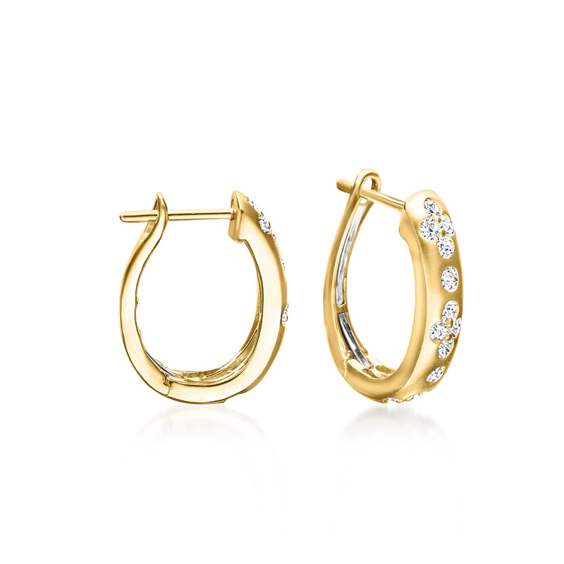 14kt yellow gold hoop earrings with clover diamond accents, hinged closure