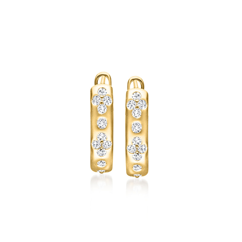 14kt yellow gold hoop earrings with vertical clover diamond clusters on front
