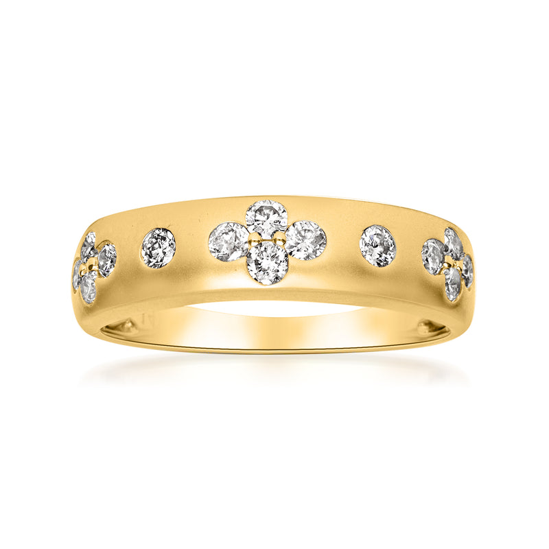 14kt yellow gold diamond clover-pattern ring with round stones across the top