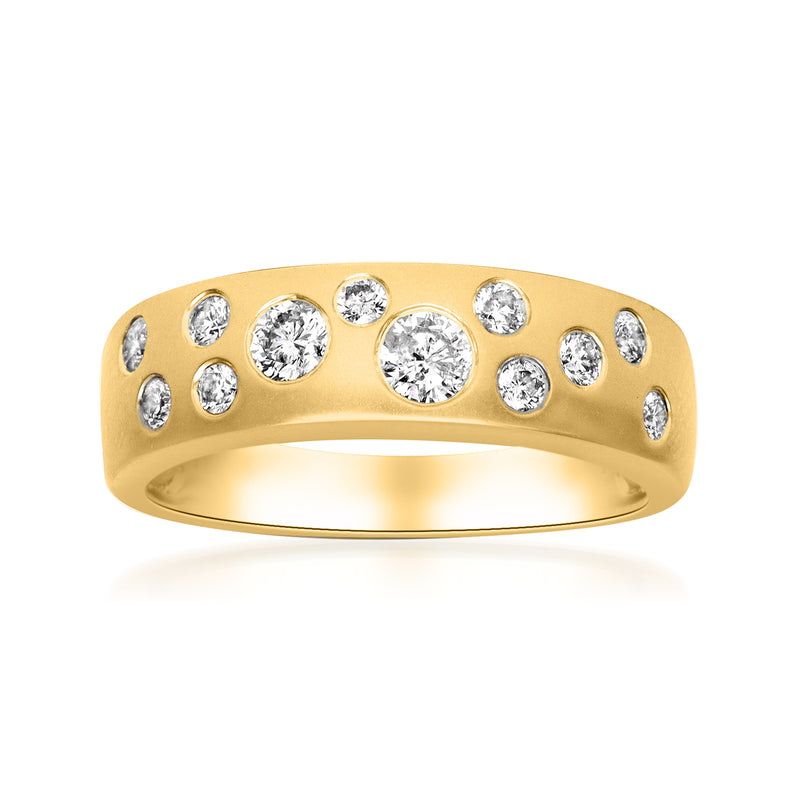 14kt yellow gold ring with scattered round diamonds across the top band