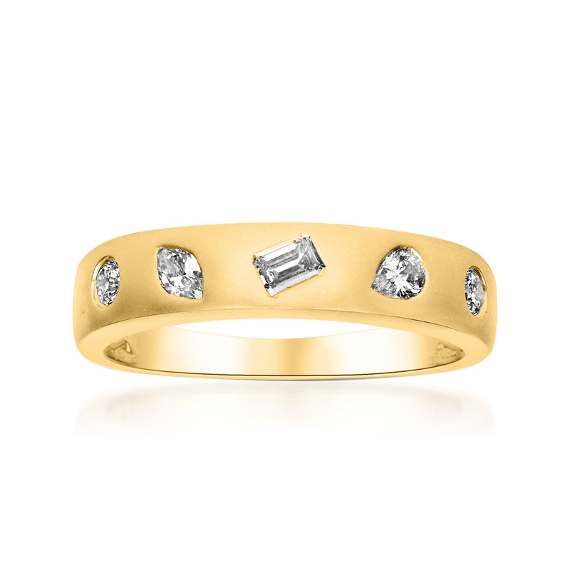 14kt yellow gold diamond ring with mixed-cut stones across the band