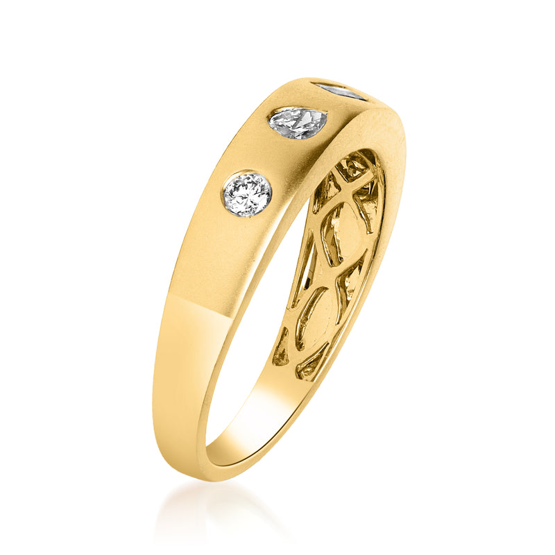 14kt yellow gold diamond ring, side view with prong-set stones and openwork gallery