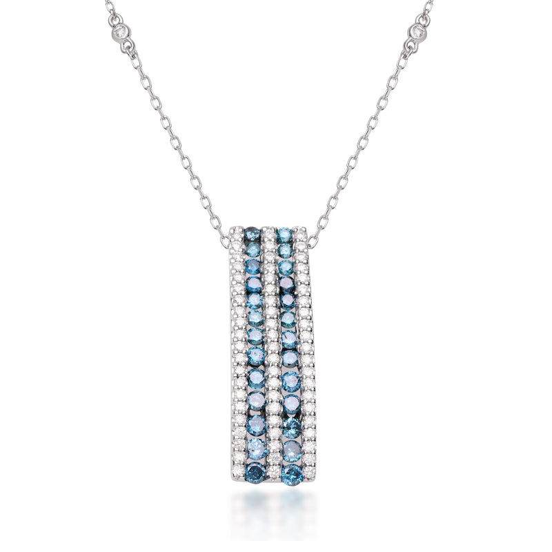 14kt white gold pendant necklace with blue-and-white diamond striped rectangle