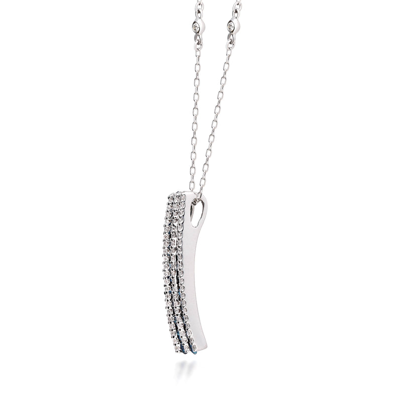 Blue-and-white diamond striped pendant on 14kt white gold chain, side view